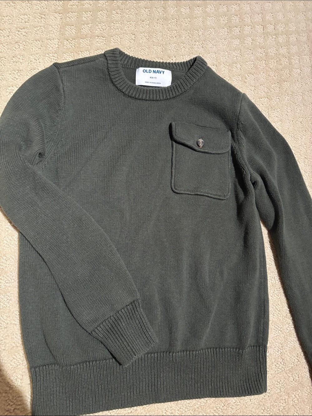 Old Navy boy’s Dark Olive Crewneck Sweater with Button Chest Pocket